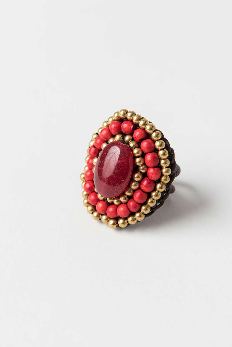 Stone Bead Ring, Oval, Red, Brown and Gold