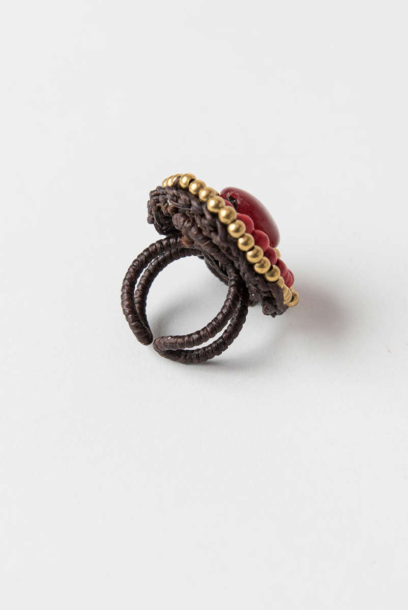 Stone Bead Ring, Oval, Red, Brown and Gold