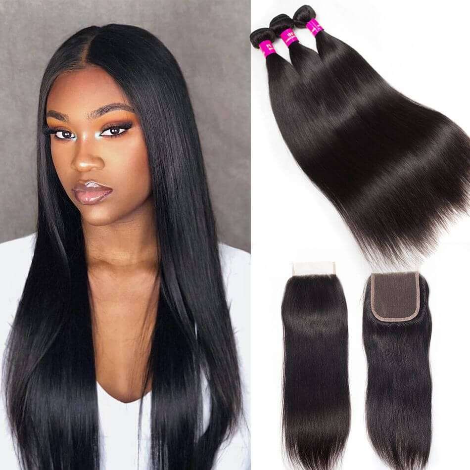 Peruvian Straight Virgin Hair Weave Extensions with Lace Closure - 10A Grade PLUS FREE WIG... - 10''