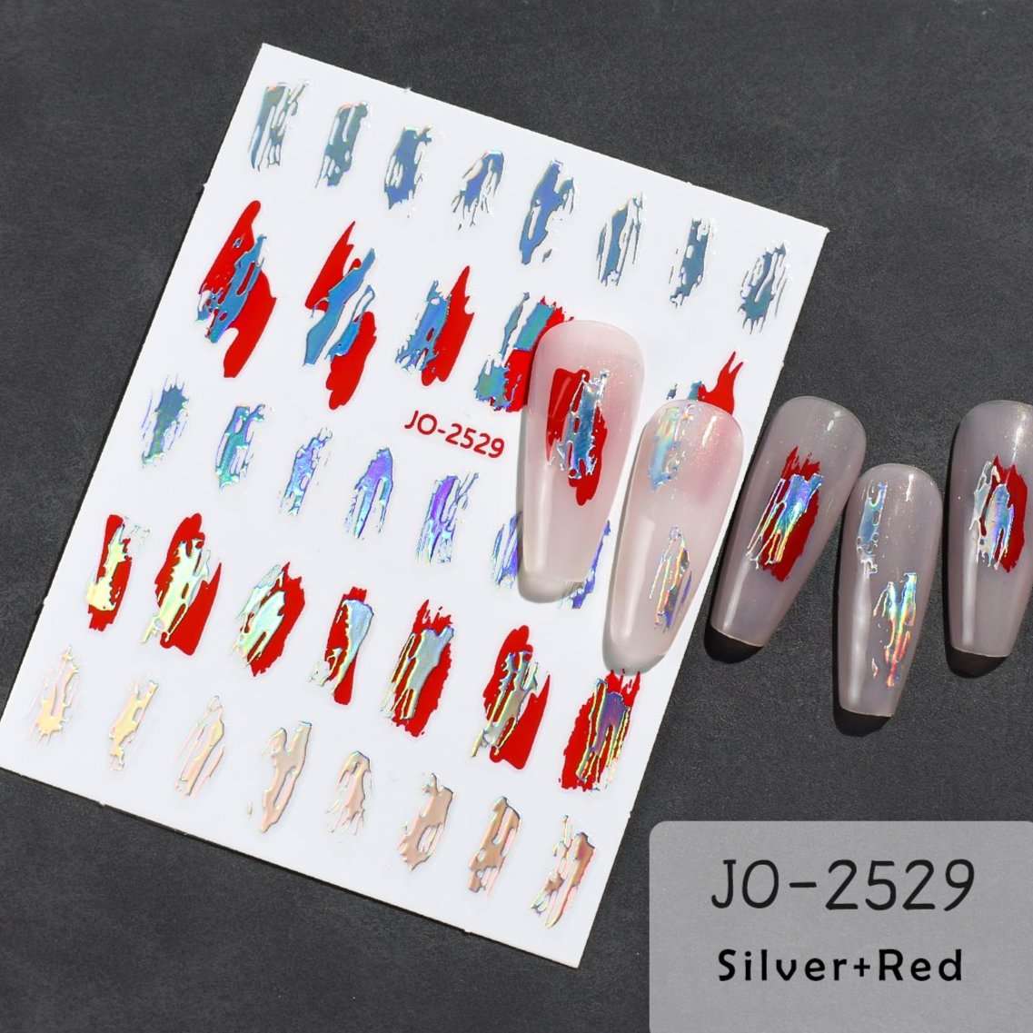 Nail Sticker - JO2529 - Paint Splash - Holographic Silver & Red