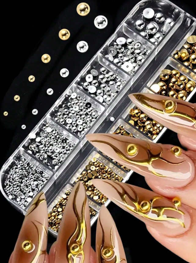 Nail Decoration - Gold & Silver - Flat Bottom - Pearls