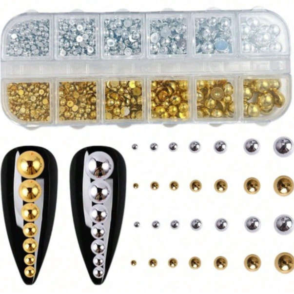 Nail Decoration - Gold & Silver - Flat Bottom - Pearls