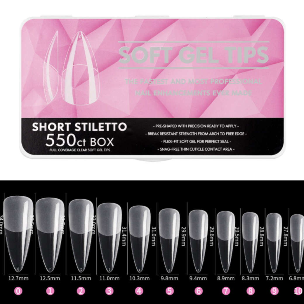 Stiletto - Short Full Cover Soft Gel Nail Tips - 550pcs - Clear - Box