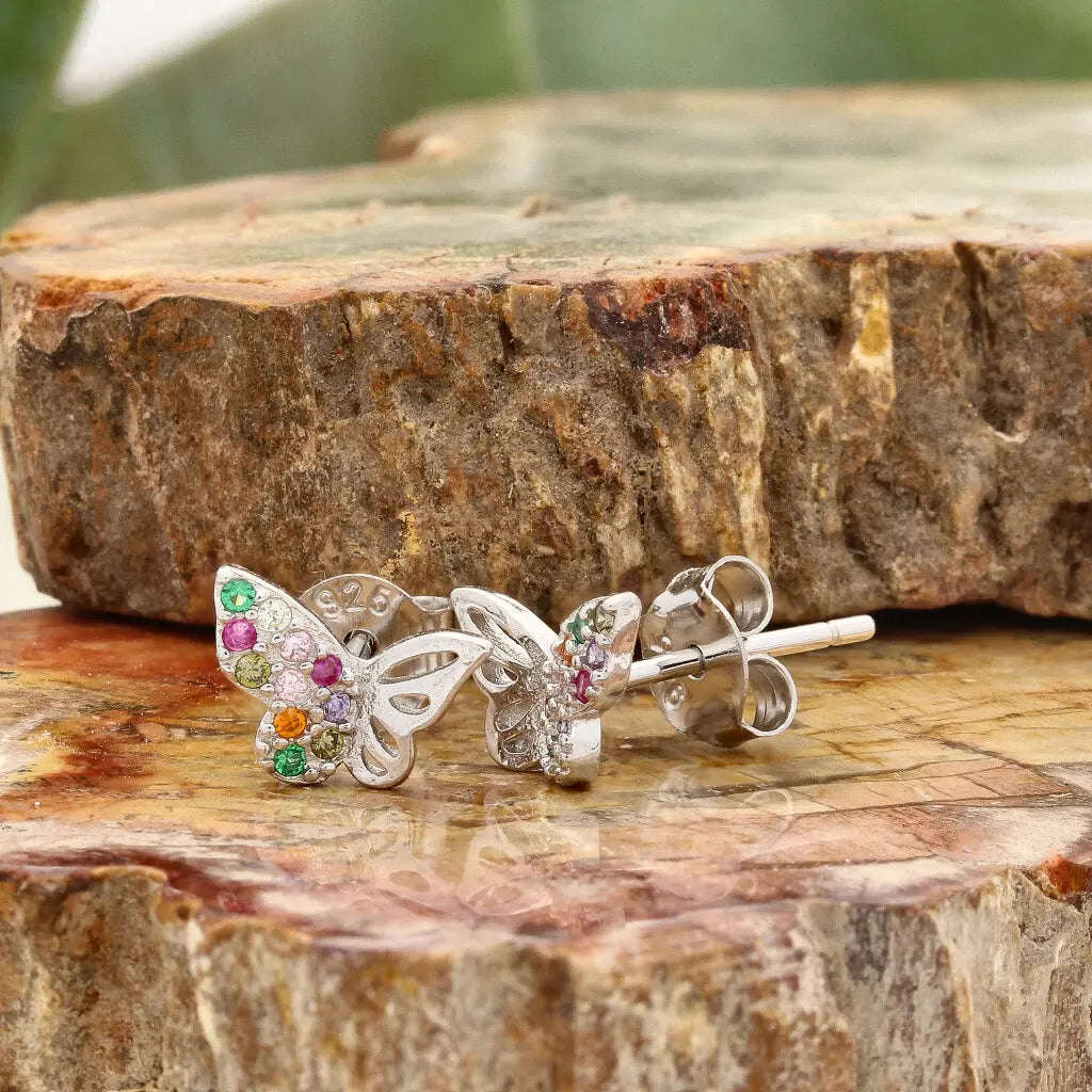 Sterling Silver Butterfly Earrings Multi-Colour CZ Gemstones