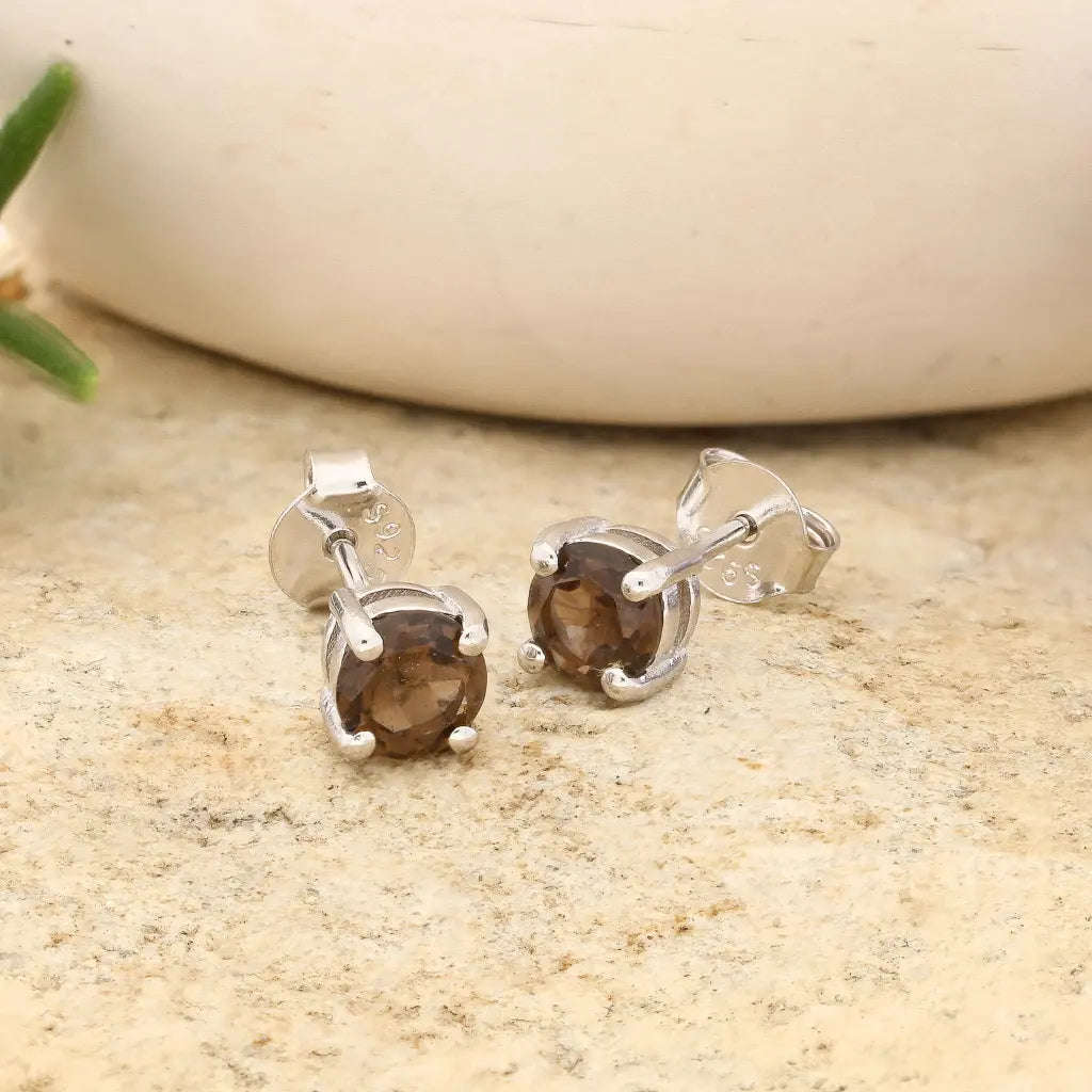 Sterling Silver Smoky Quartz Stud Earrings  5mm