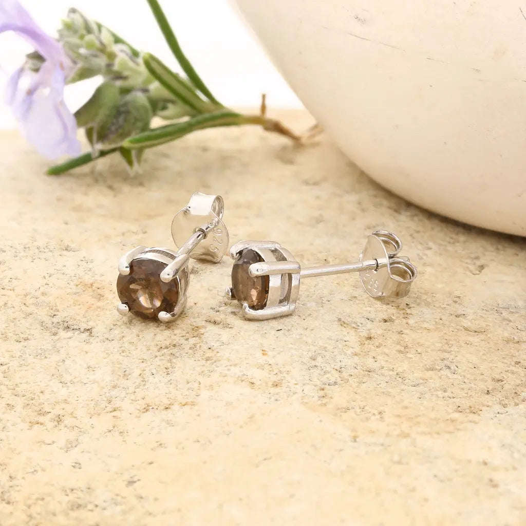 Sterling Silver Smoky Quartz Stud Earrings  5mm