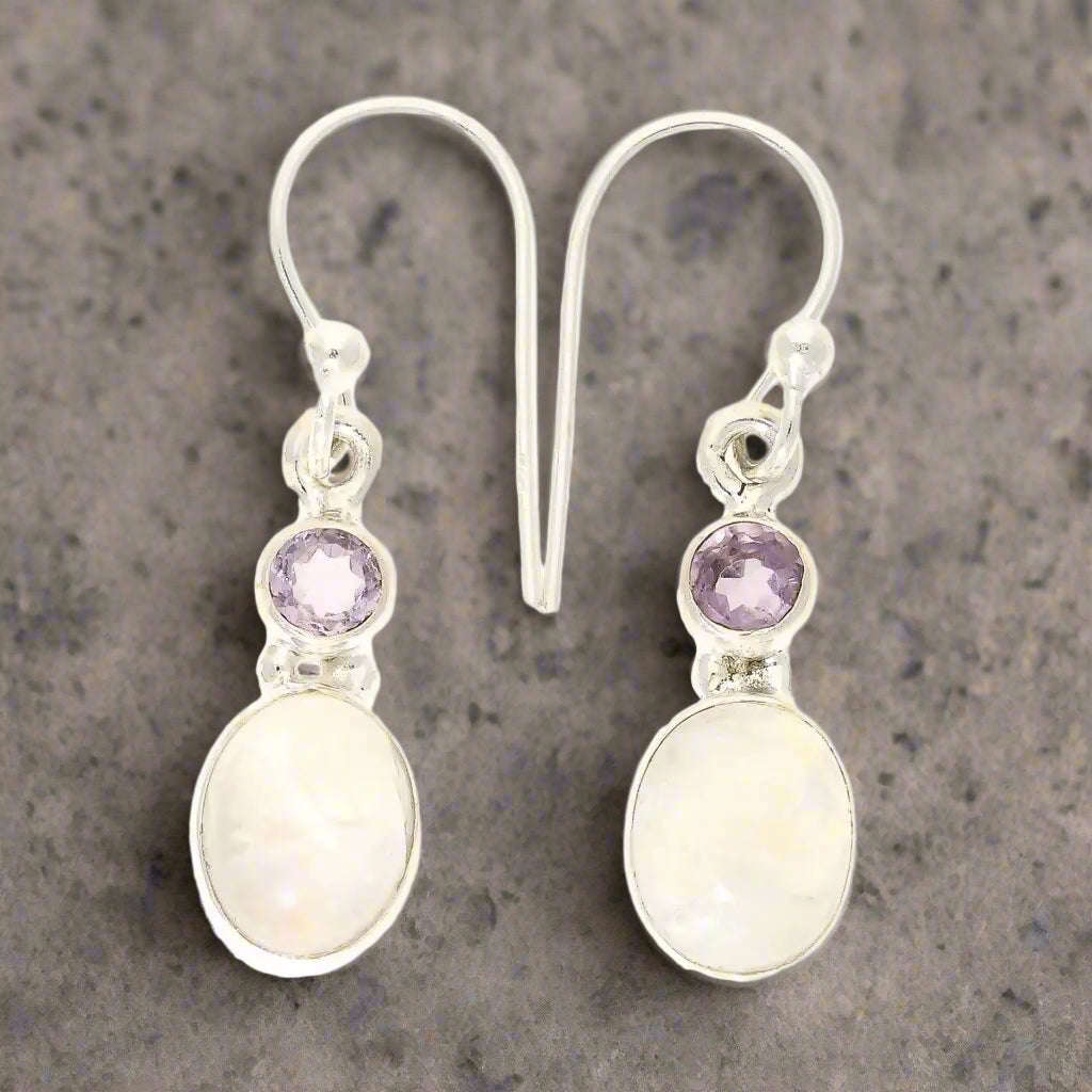 Moonstone & Amethyst Sterling Silver Earrings - Tranquility & Healing