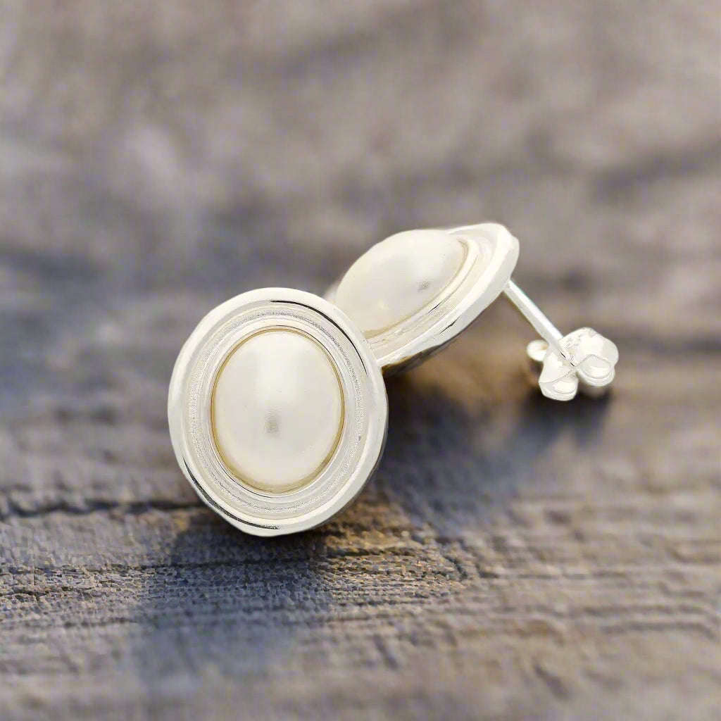 Limited Edition Sterling Silver Mabe Pearl Bezel Stud Earrings