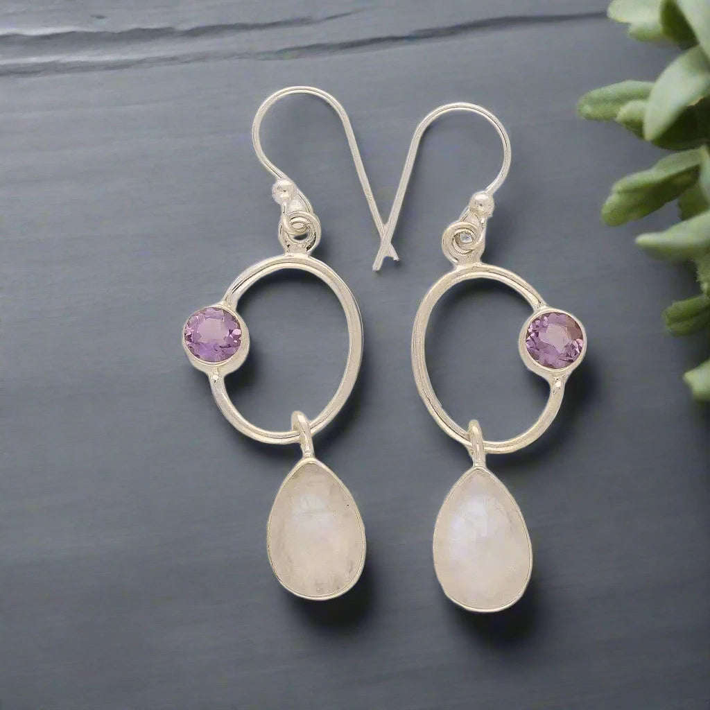 Radiant Harmony: Moonstone and Amethyst Earrings