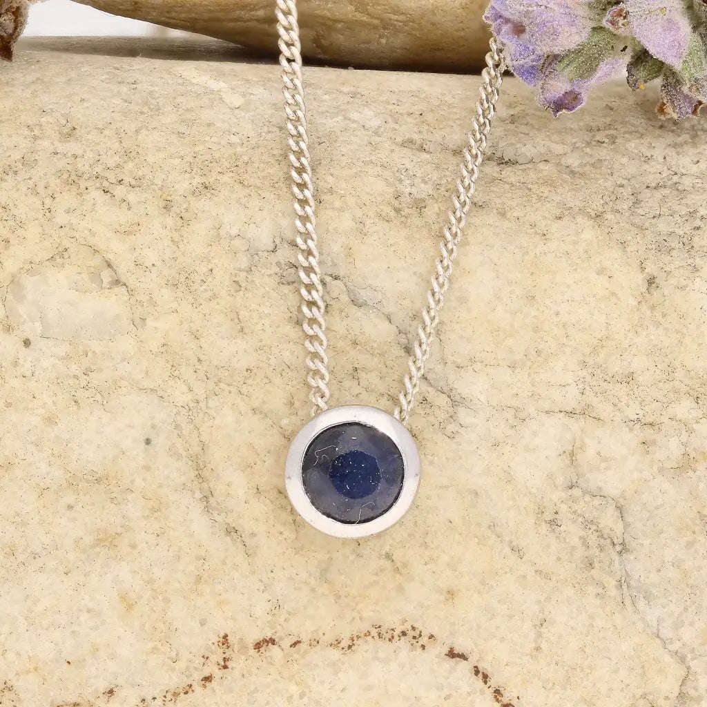 Sterling Silver Bezel Set Sapphire Solitaire Necklace
