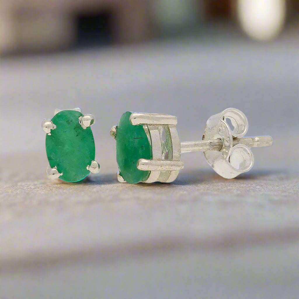Natural Emerald Sterling Silver Stud Earrings - Timeless Radiance