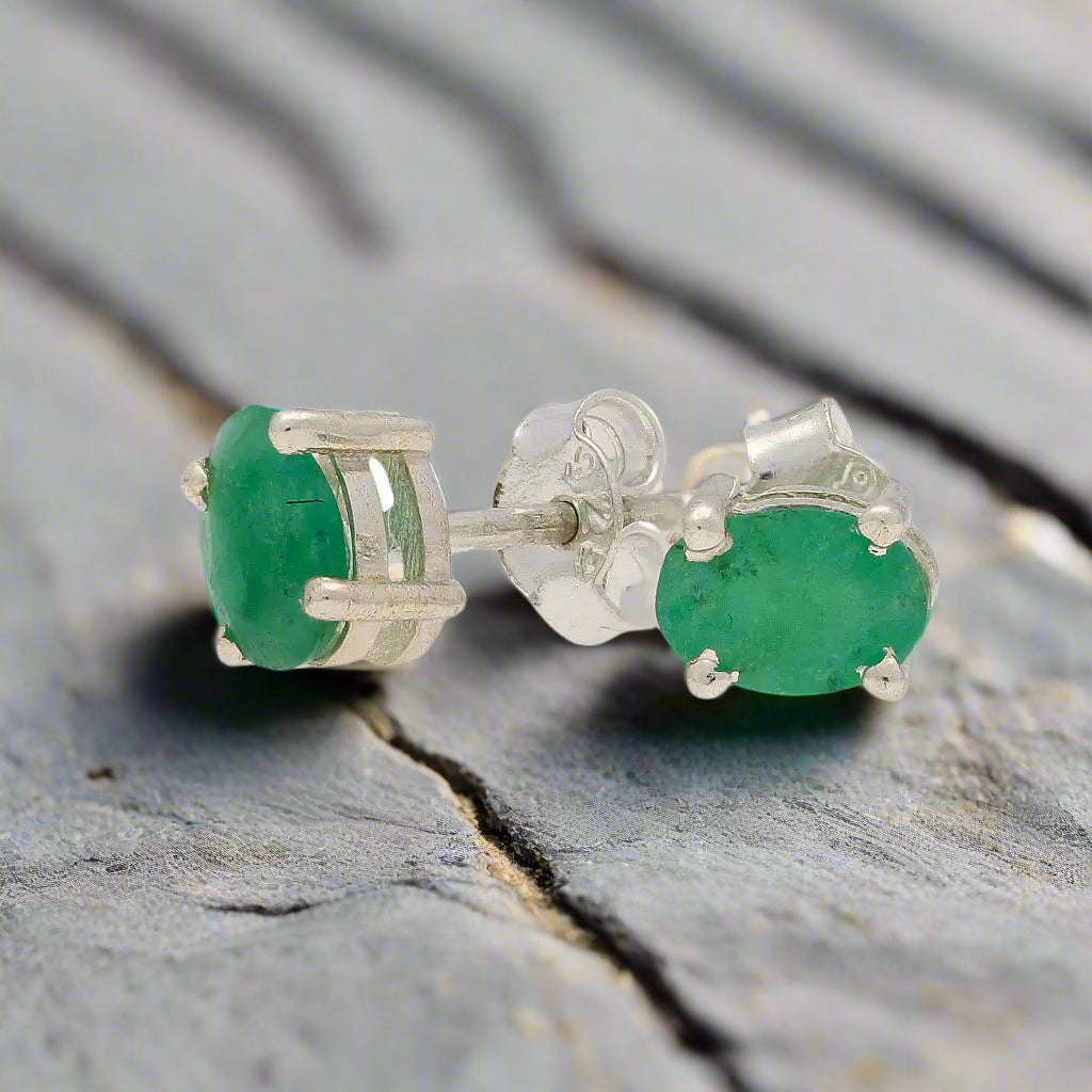 Natural Emerald Sterling Silver Stud Earrings - Timeless Radiance