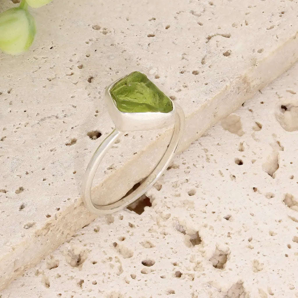 Sterling Silver Natural Rough Peridot Ring