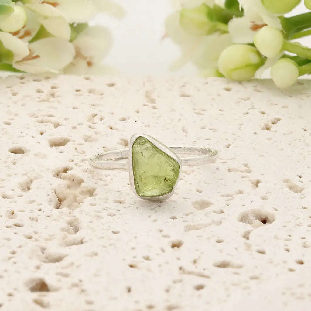Sterling Silver Natural Rough Peridot Ring