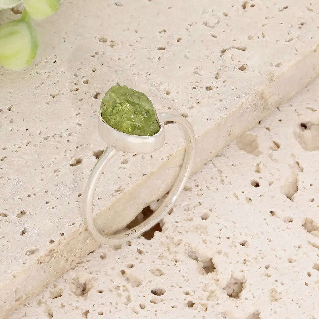 Sterling Silver Natural Rough Peridot Ring