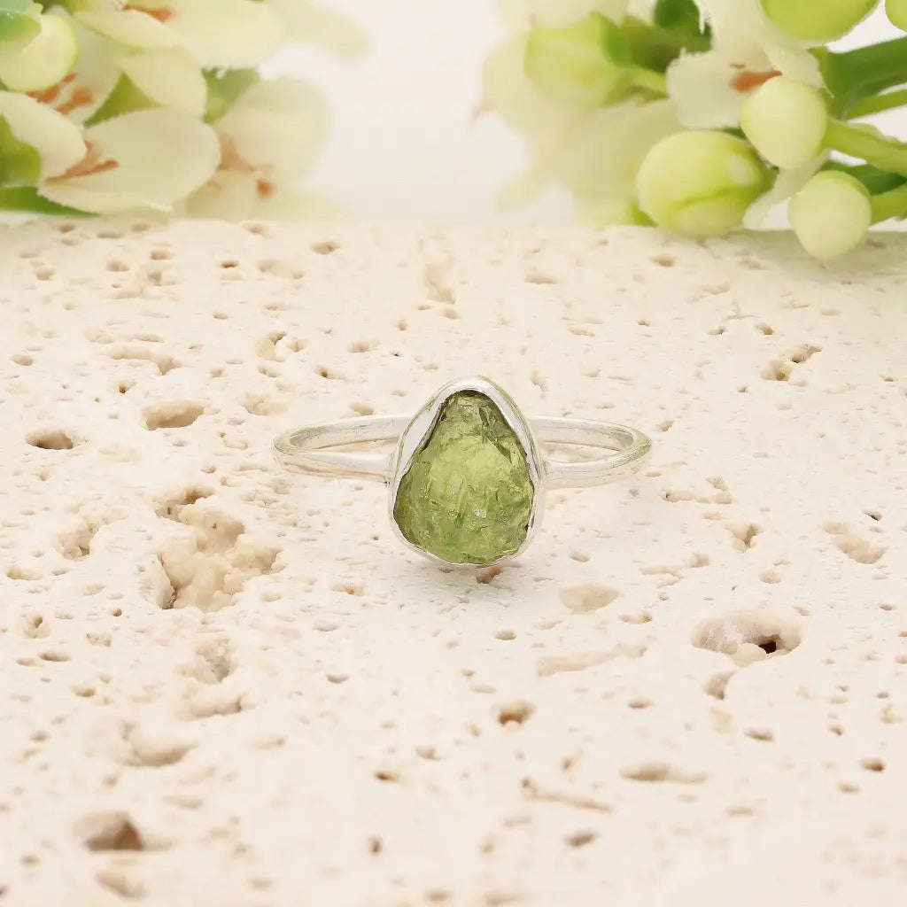 Sterling Silver Natural Rough Peridot Ring