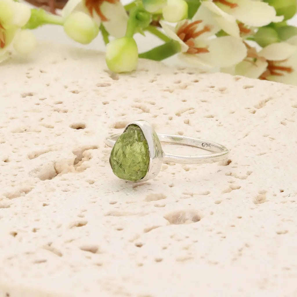 Sterling Silver Natural Rough Peridot Ring