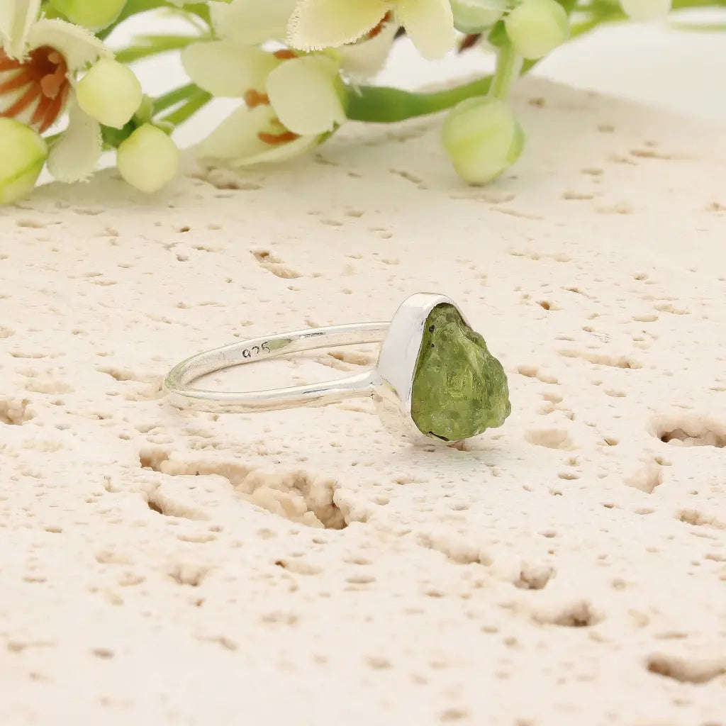 Sterling Silver Natural Rough Peridot Ring