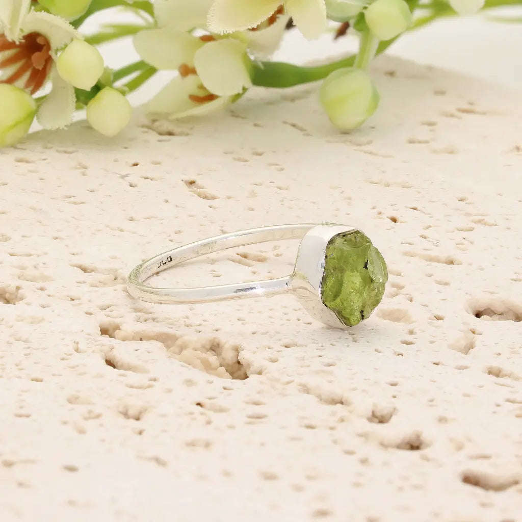 Sterling Silver Natural Rough Peridot Ring