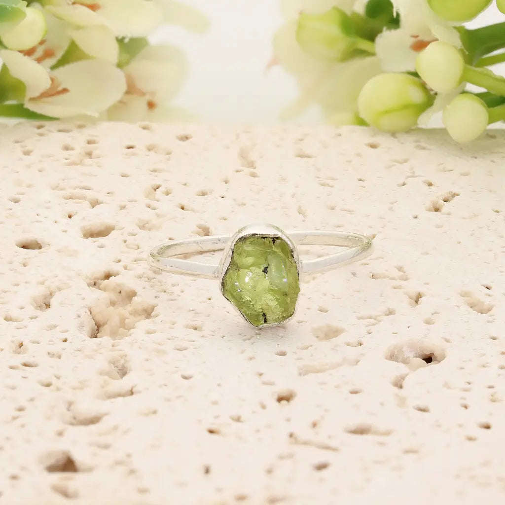 Sterling Silver Natural Rough Peridot Ring