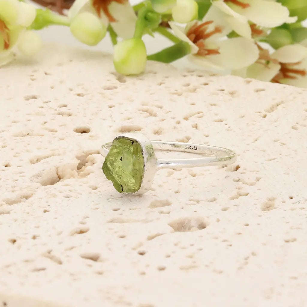 Sterling Silver Natural Rough Peridot Ring