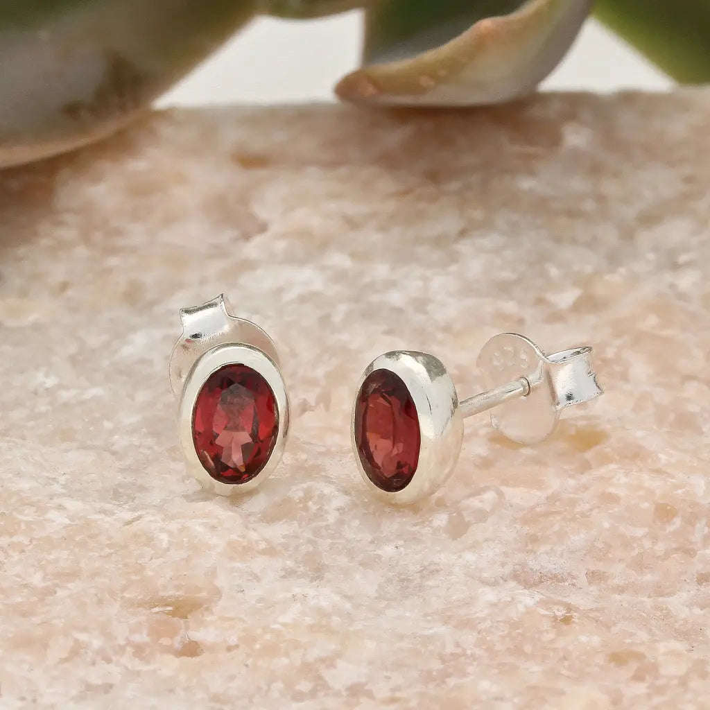 Oval Garnet Sterling Silver Stud Earrings