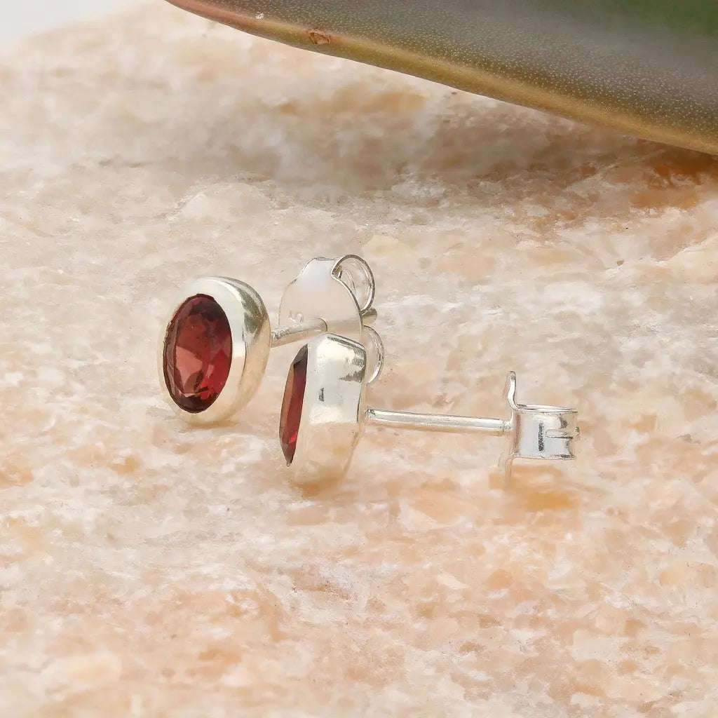 Oval Garnet Sterling Silver Stud Earrings