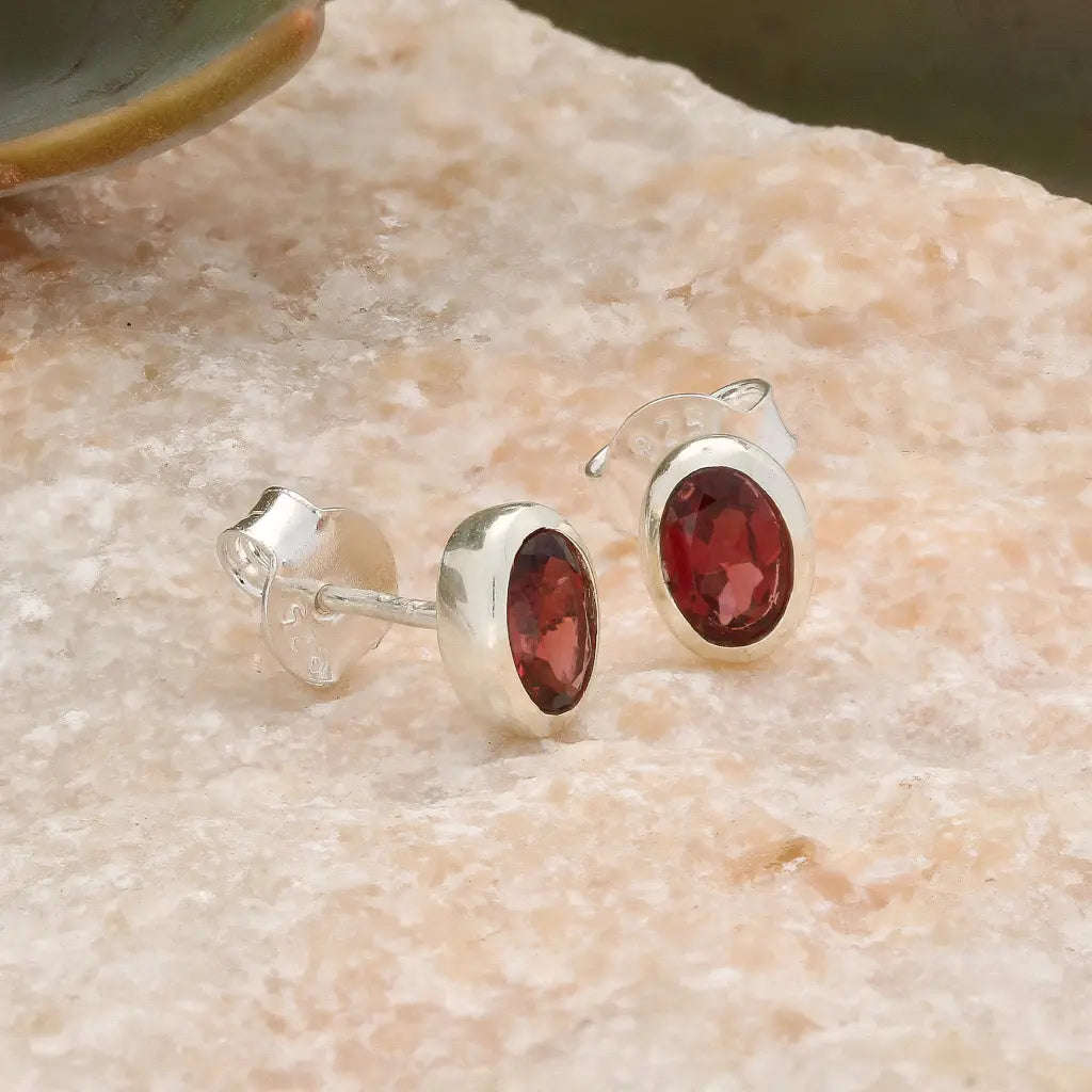 Oval Garnet Sterling Silver Stud Earrings