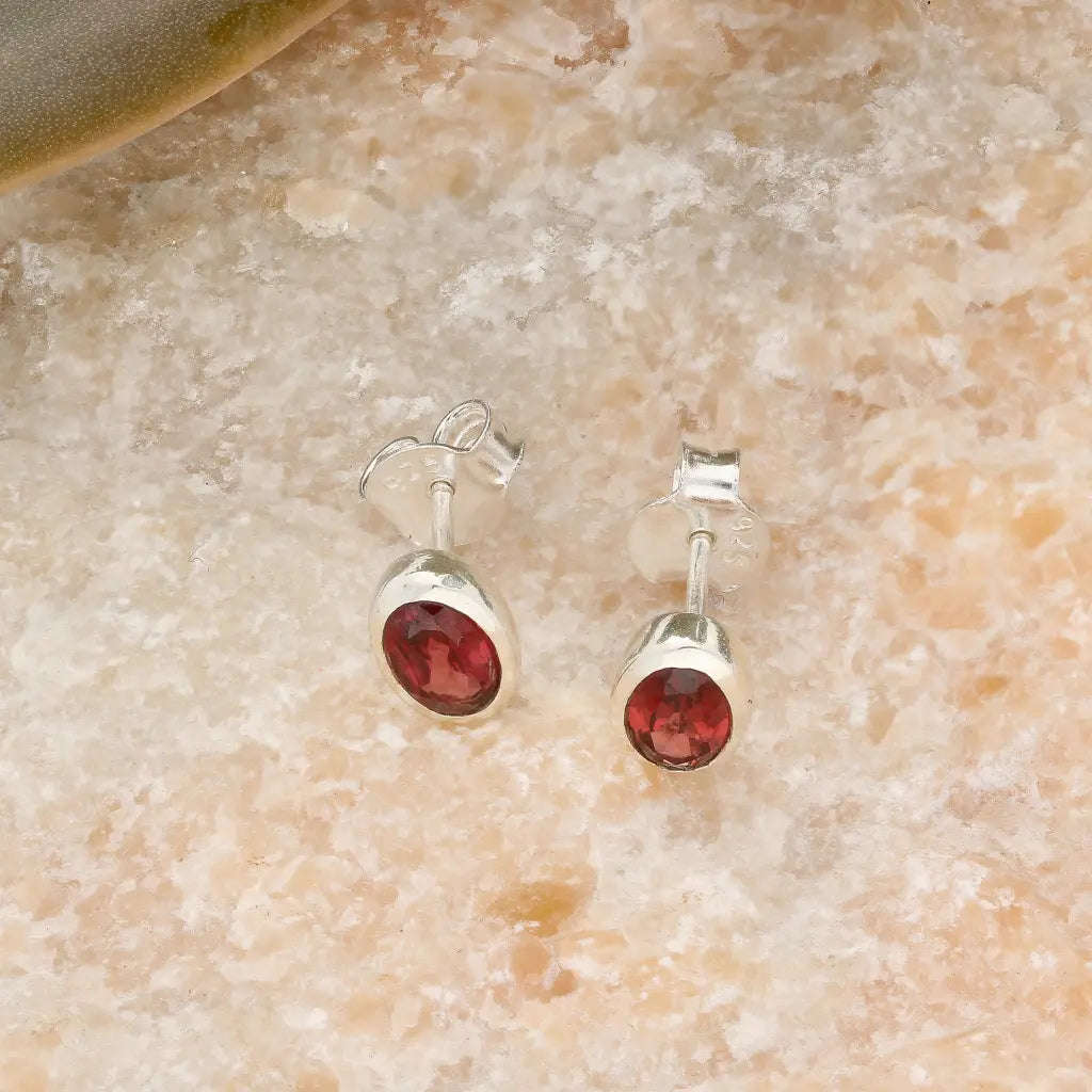 Oval Garnet Sterling Silver Stud Earrings