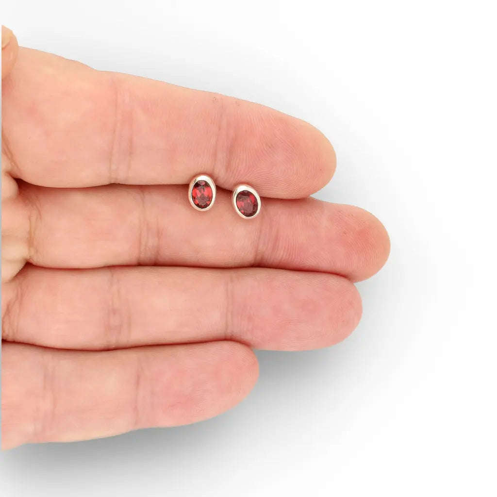 Oval Garnet Sterling Silver Stud Earrings