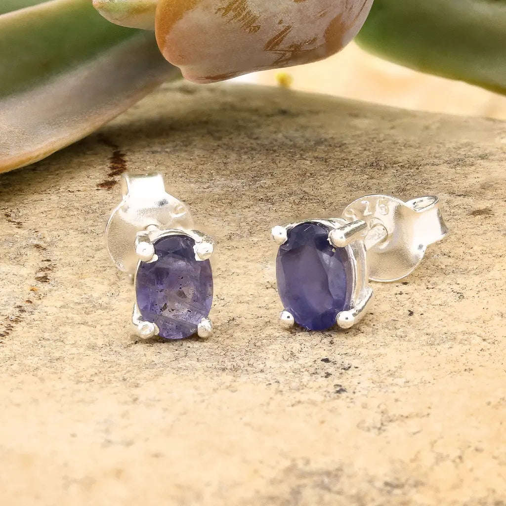 Oval Iolite Stud Earrings in Sterling Silver