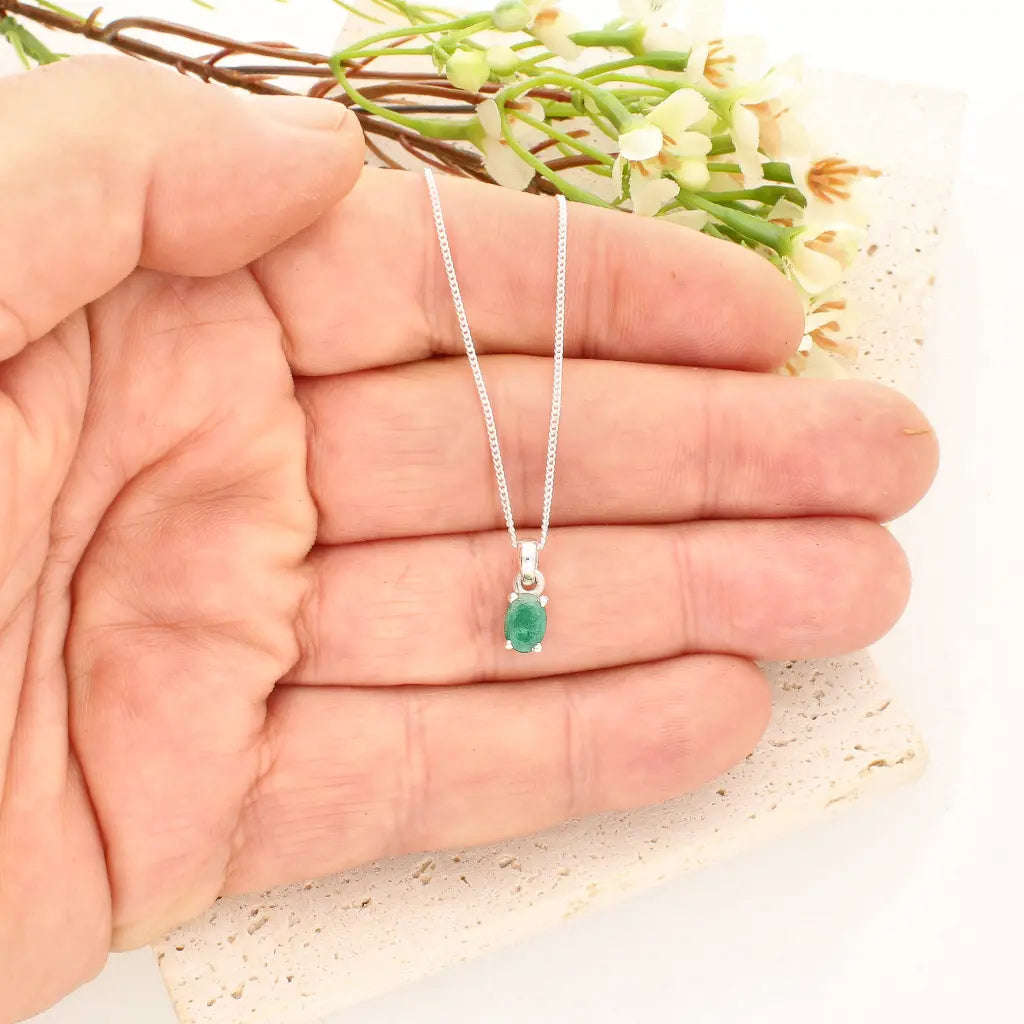 Sterling Silver Emerald Solitaire Necklace