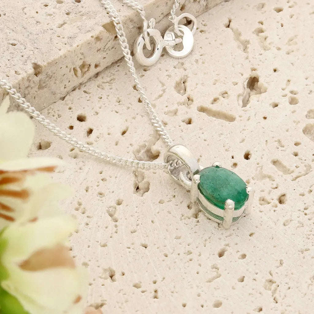 Sterling Silver Emerald Solitaire Necklace