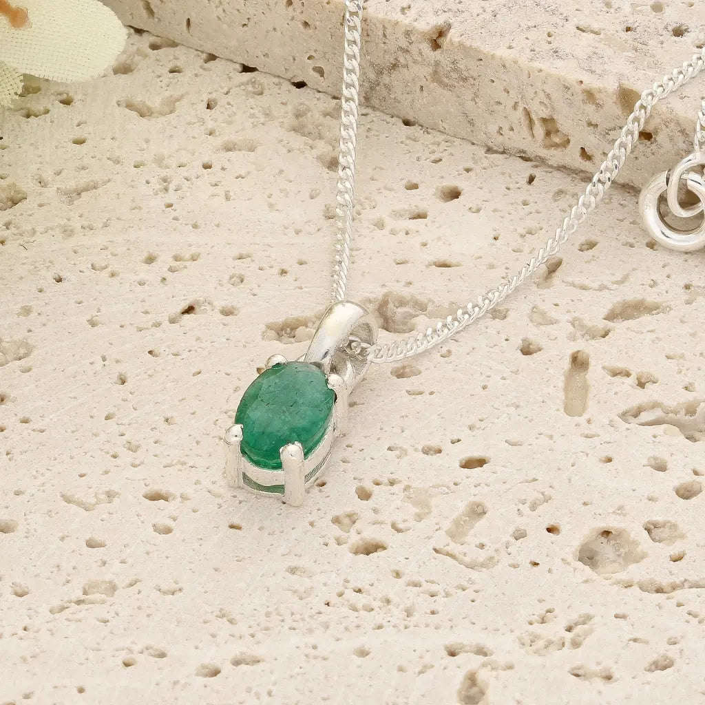 Sterling Silver Emerald Solitaire Necklace