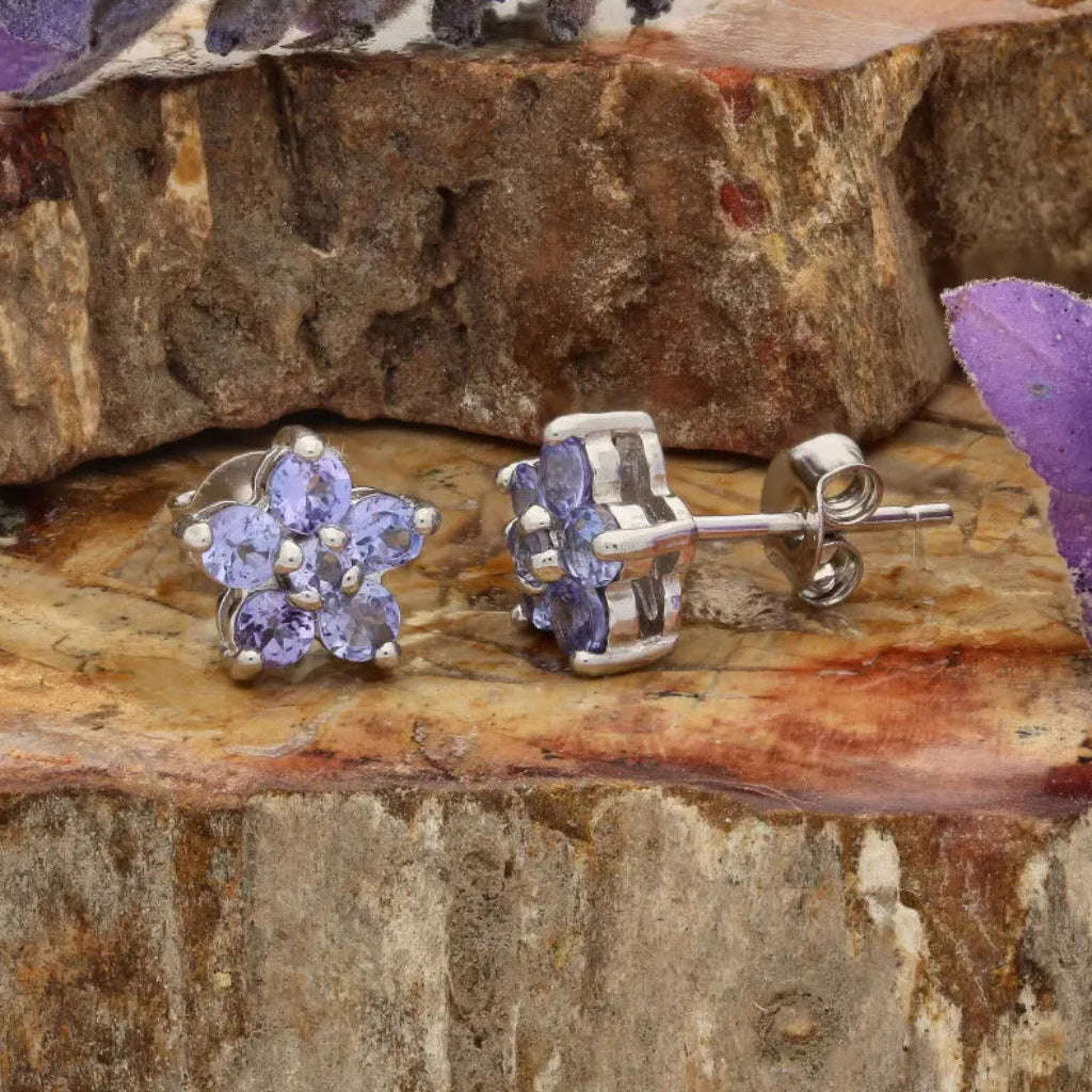 Eternal Blossom: Handcrafted Silver Earrings with Tanzanite Gems