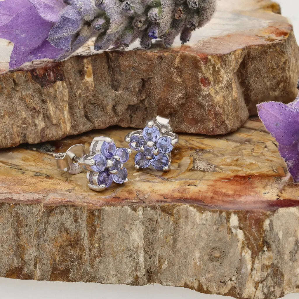 Eternal Blossom: Handcrafted Silver Earrings with Tanzanite Gems