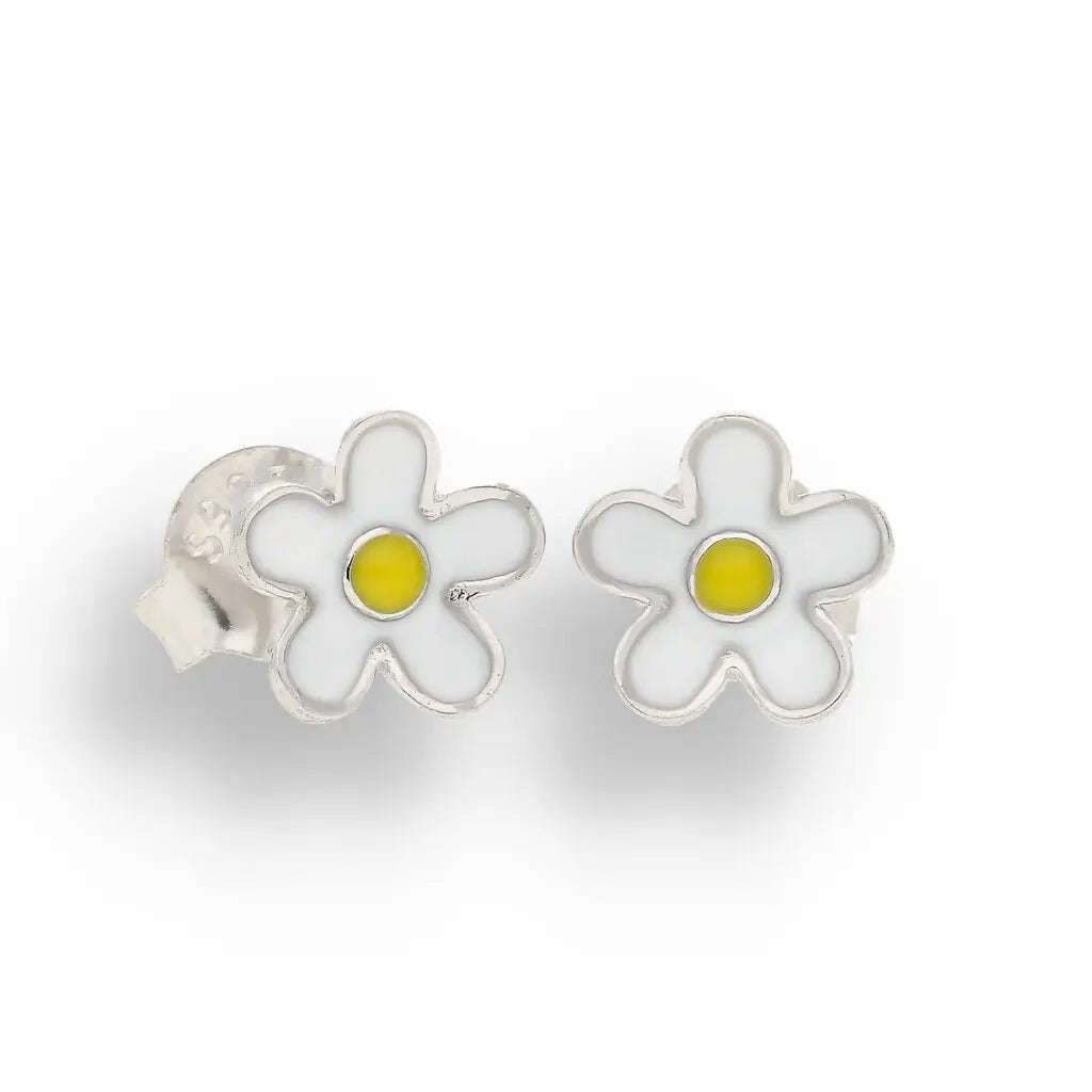 Sterling Silver White Enamel Daisy Flower Stud Earrings 7mm