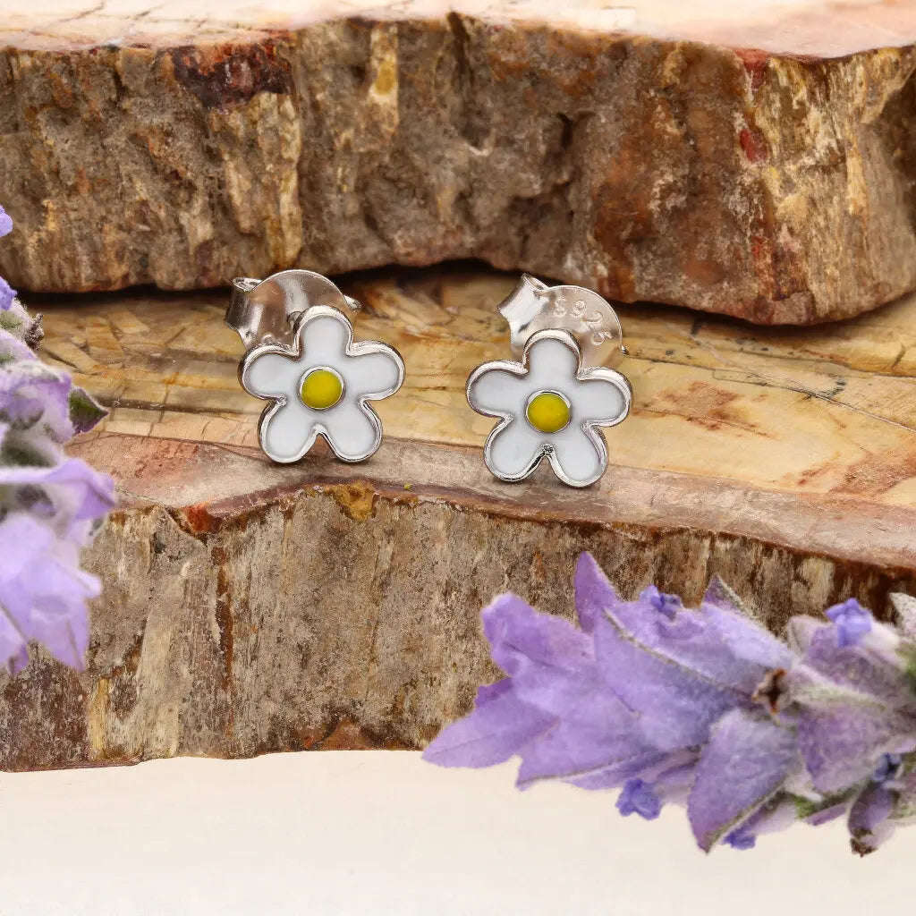 Sterling Silver White Enamel Daisy Flower Stud Earrings 7mm