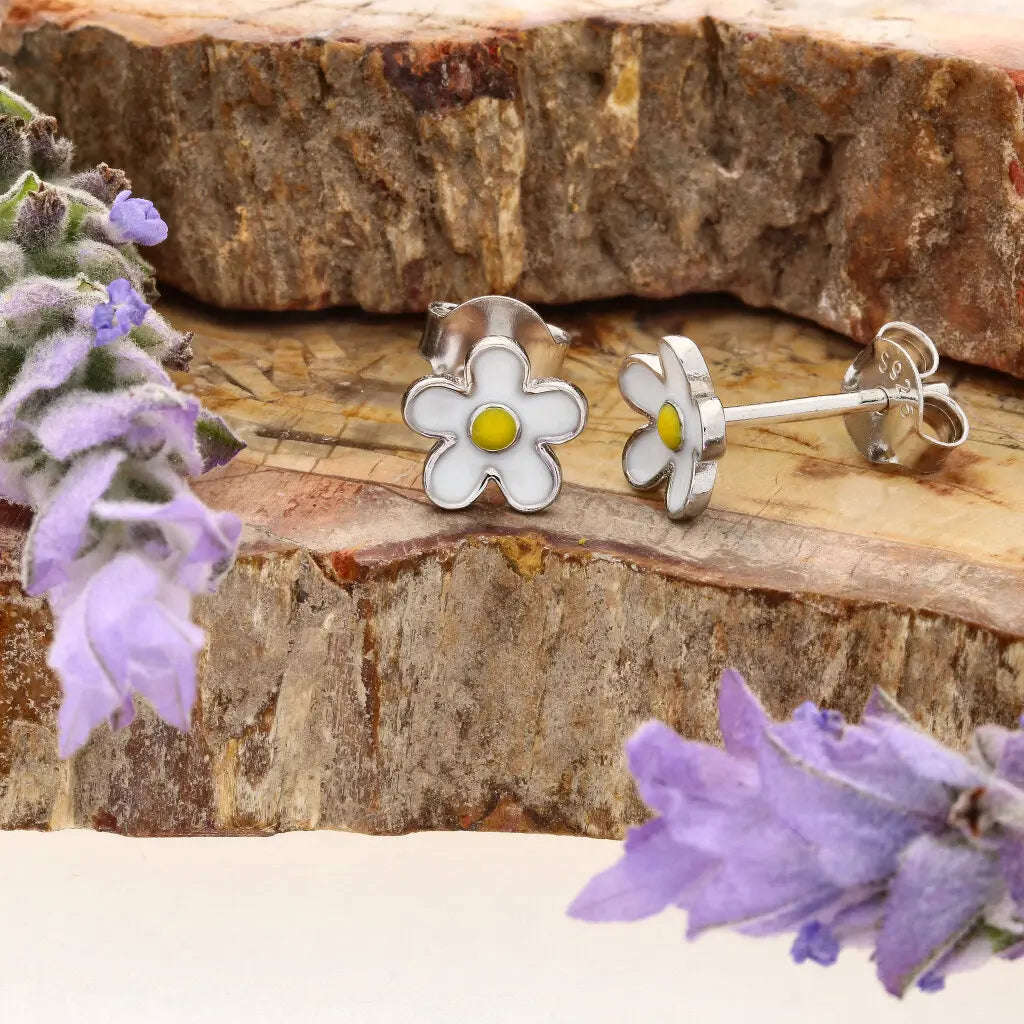 Sterling Silver White Enamel Daisy Flower Stud Earrings 7mm