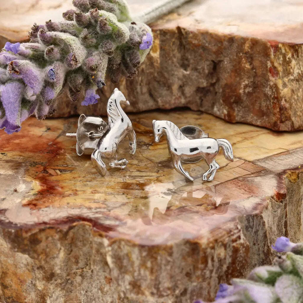 Sterling Silver Galloping Horse Stud Earrings