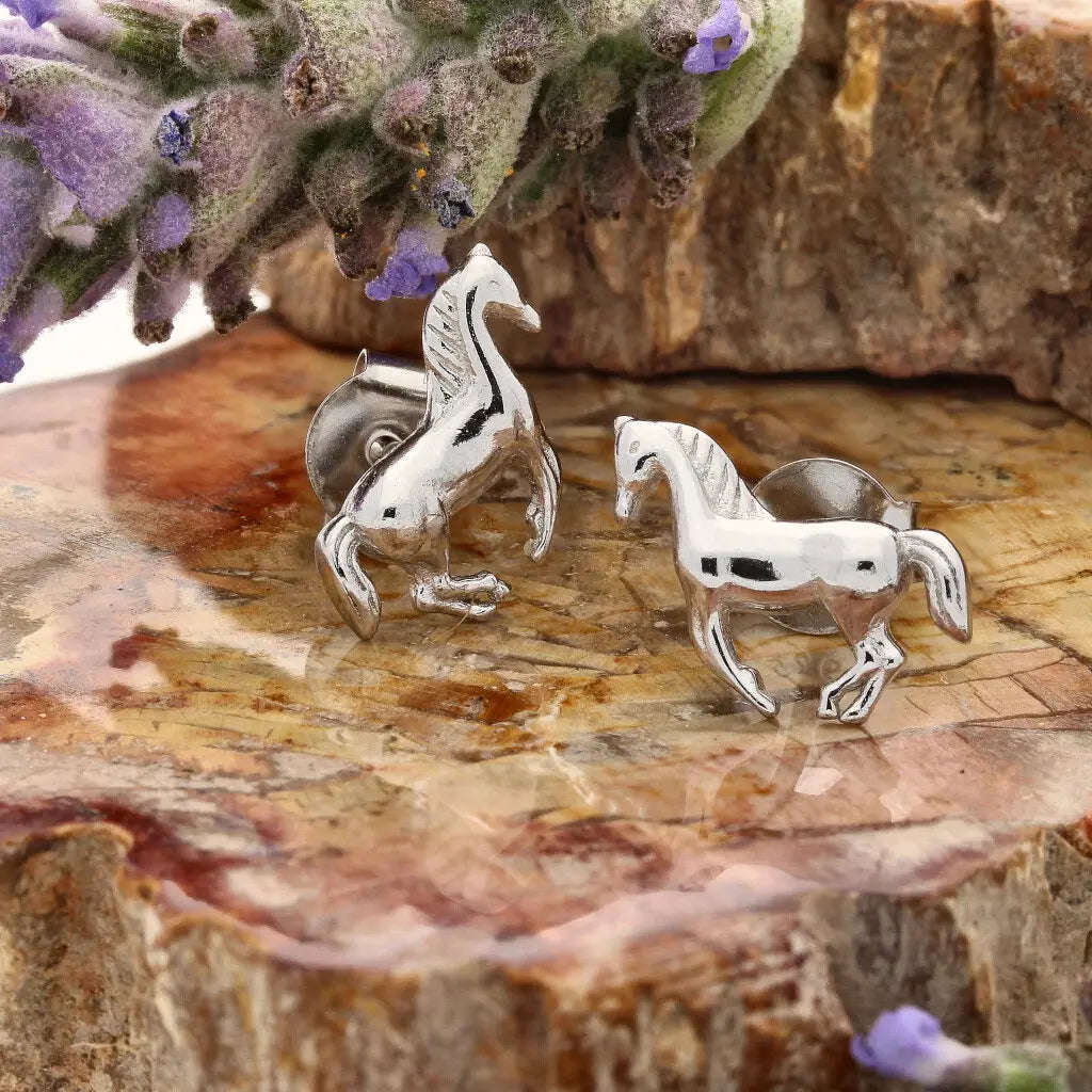Sterling Silver Galloping Horse Stud Earrings