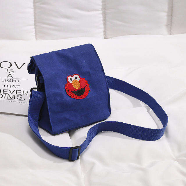 New Japanese Personality Fries Bag Canvas Handbags Cartoon Sesame Street Judi Shoulder Mes... - Blue