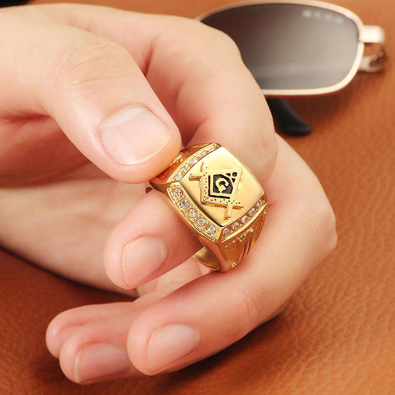 Fashion Gold Titanium Steel Finger Ring Rhinestone Free-Mason Logo Jewelry Gift for Men - Gold / 12
