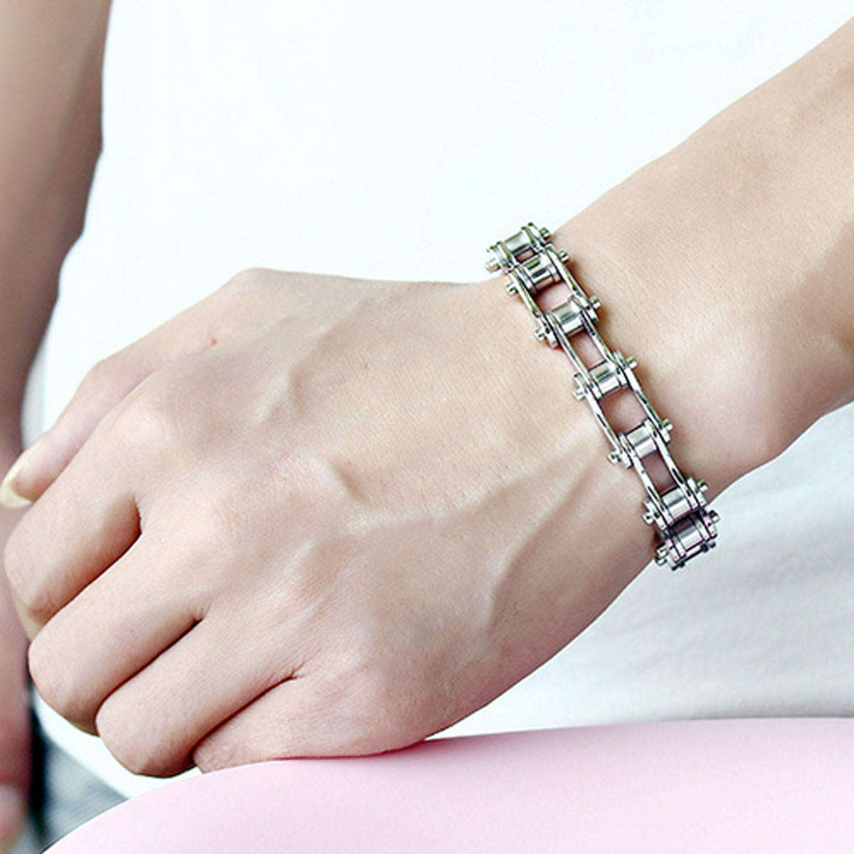 Silver Black Stainless Steel Motorcycle Bike Chain Bracelet For Men