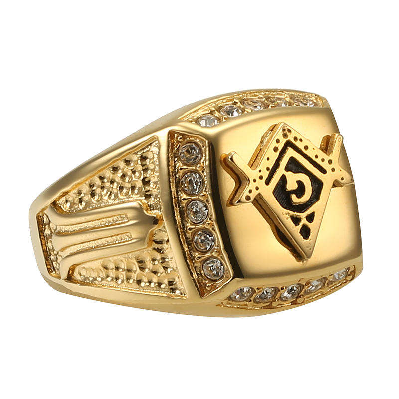 Fashion Gold Titanium Steel Finger Ring Rhinestone Free-Mason Logo Jewelry Gift for Men - Gold / 12