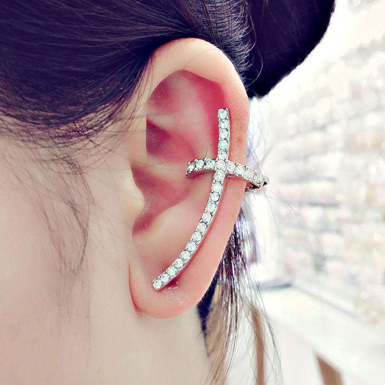 Stylish Ear Clip Long Cuff Earring Trendy Rhinestone Cross Silver Gold Earrings Jewelry ... - Silver