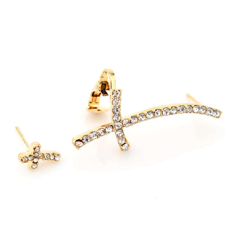 Stylish Ear Clip Long Cuff Earring Trendy Rhinestone Cross Silver Gold Earrings Jewelry ... - Silver