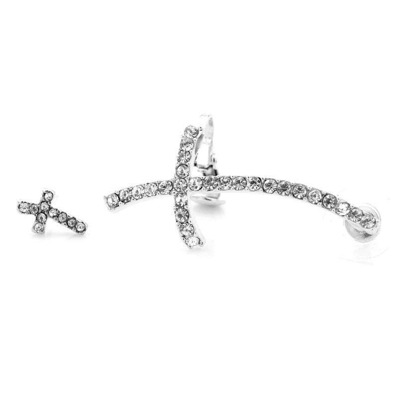Stylish Ear Clip Long Cuff Earring Trendy Rhinestone Cross Silver Gold Earrings Jewelry ... - Silver