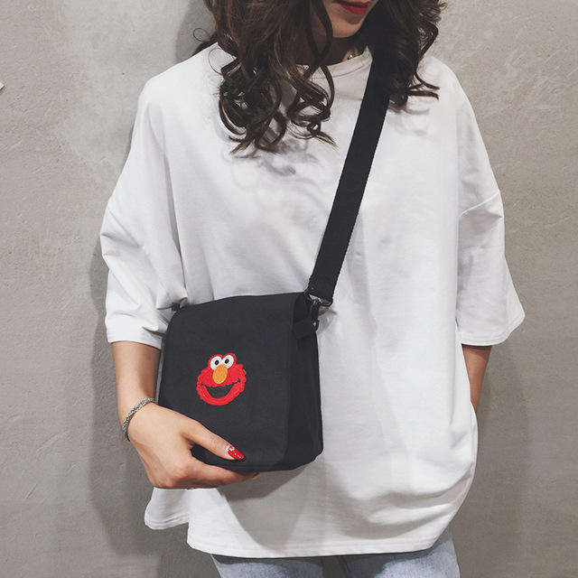 New Japanese Personality Fries Bag Canvas Handbags Cartoon Sesame Street Judi Shoulder Mes... - Blue