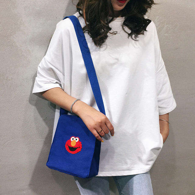 New Japanese Personality Fries Bag Canvas Handbags Cartoon Sesame Street Judi Shoulder Mes... - Blue